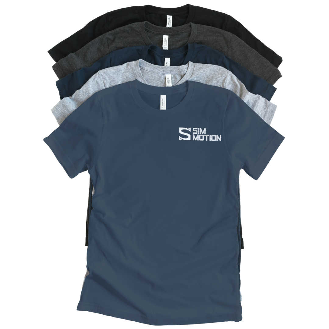 Stack of t-shirts with 'Sim Motion' logo on a white background