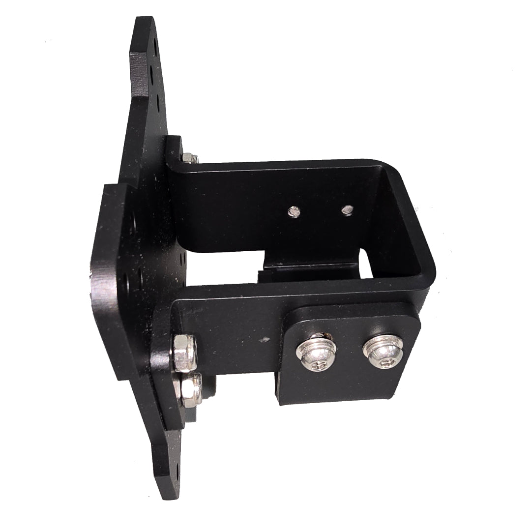 Black metal bracket with screws on a white background