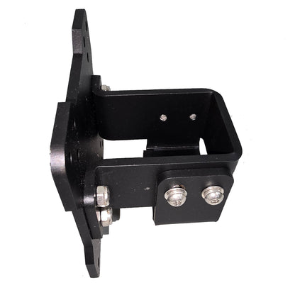 Black metal bracket with screws on a white background