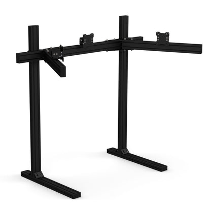 Black metal stand with adjustable arms on a white background