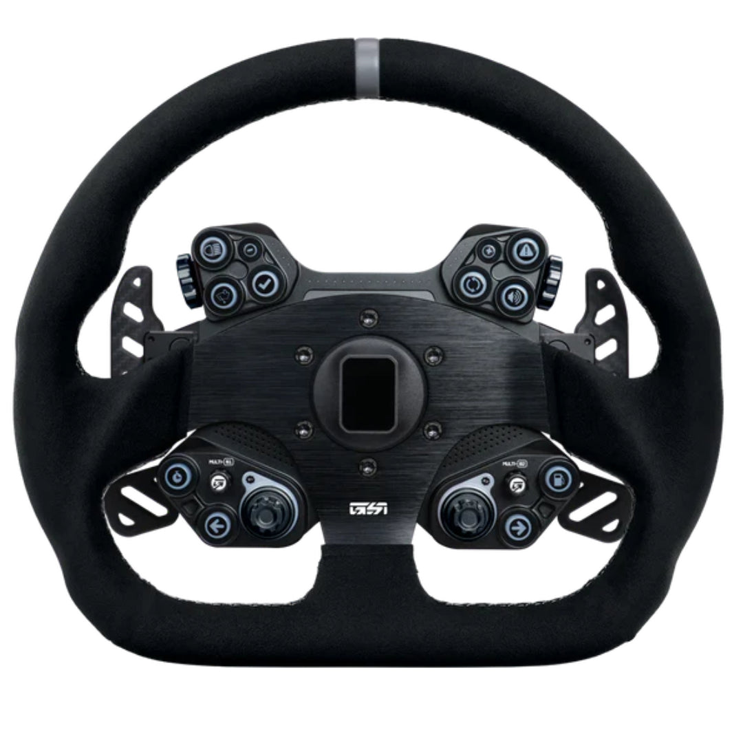 Black steering wheel with multiple controls on a white background
