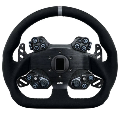 Black steering wheel with multiple controls on a white background