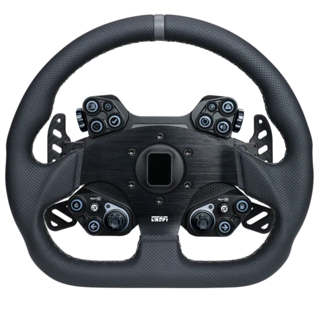 Black steering wheel with multiple control buttons on a white background