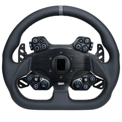 Black steering wheel with multiple control buttons on a white background