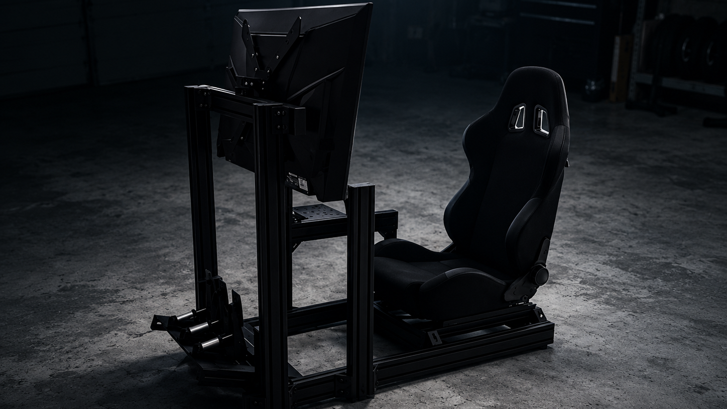Sim Motion sim racing cockpit setup installed in garage environment with modular aluminum chassis