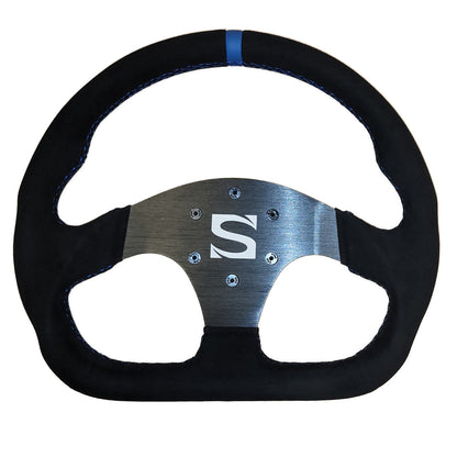 A black and silver Sim Motion steering wheel for sim racing, featuring a D-shape design and blue stitching.