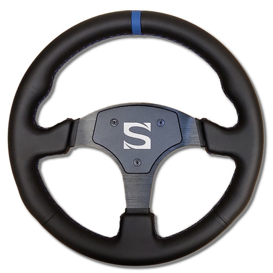 A black and gray Sim Motion steering wheel with a D-shape design, Alcantara material, blue stitching, and a center stripe. The steering wheel features a mounting hub with the letter 'S' emblem in the center.