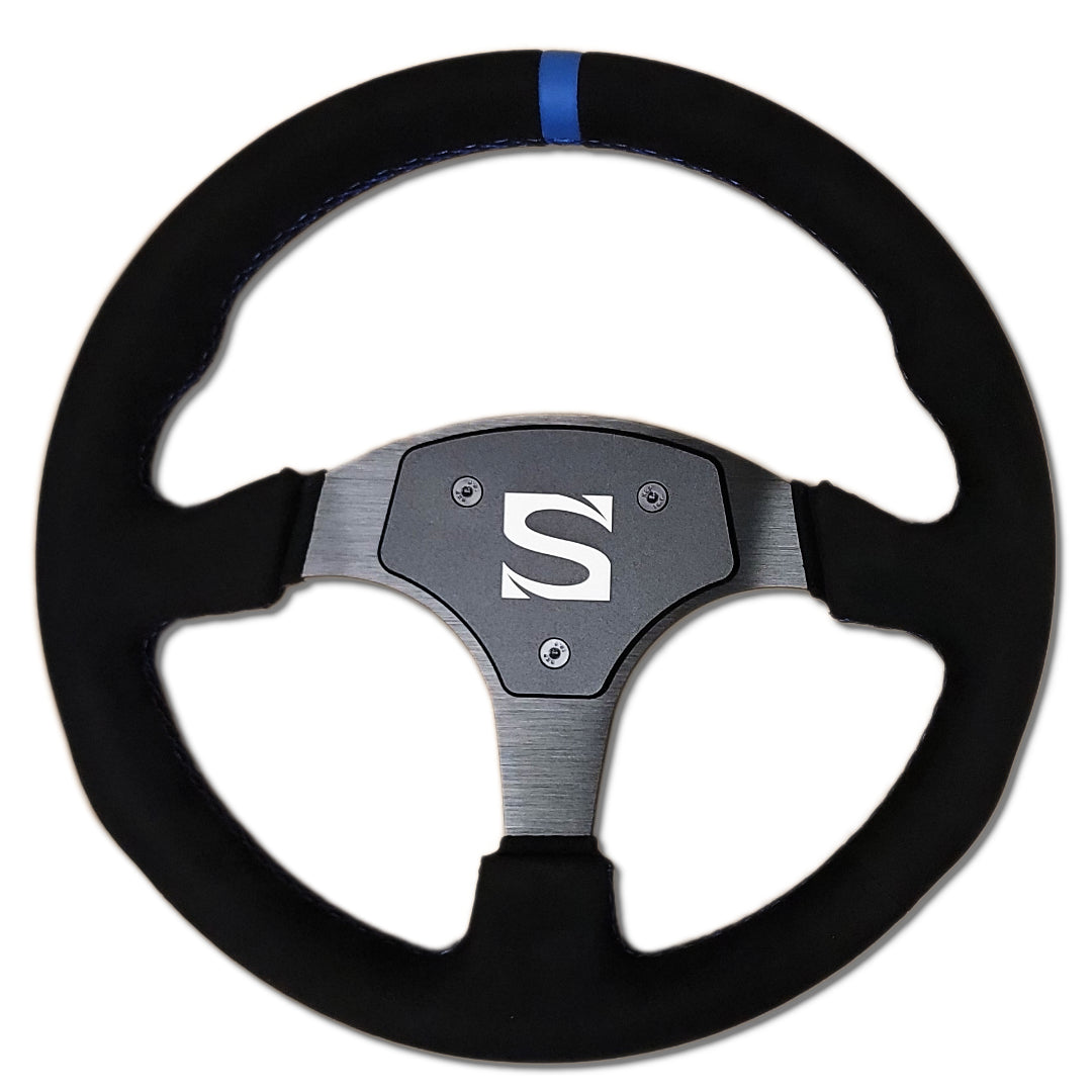 A black and blue Sim Motion steering wheel with Alcantara rim, round in shape with 70mm bolt pattern, and blue stitching and center stripe.