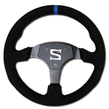 A black and blue Sim Motion steering wheel with Alcantara rim, round in shape with 70mm bolt pattern, and blue stitching and center stripe.