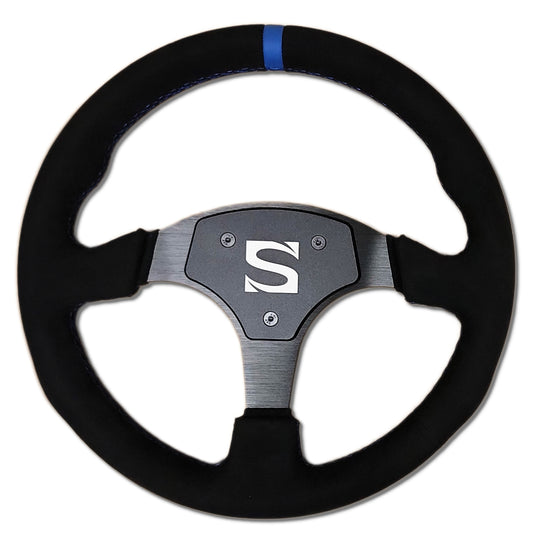 A black and blue Sim Motion steering wheel with Alcantara rim, round in shape with 70mm bolt pattern, and blue stitching and center stripe.