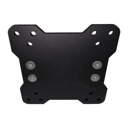 Black metal bracket with multiple holes and screws on a white background