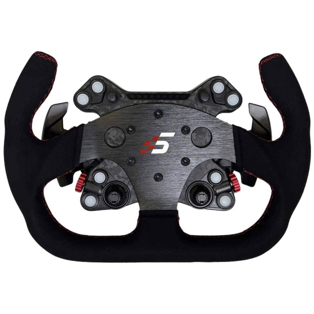 A black and red Simagic Neo X racing wheel hub with a leather grip and carbon fiber looking center with a red 'S5' logo.