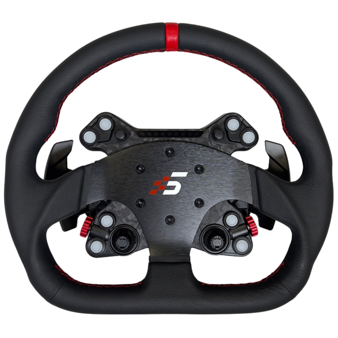 A black and red Simagic Neo X racing wheel hub with a leather grip and carbon fiber looking center with a red 'S5' logo.