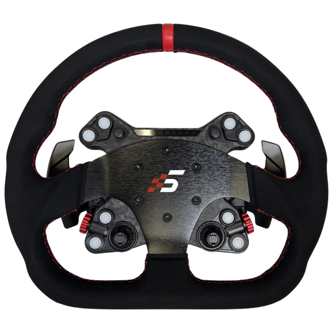A black and red Simagic Neo X racing wheel hub with a leather grip and carbon fiber looking center with a red 'S5' logo.