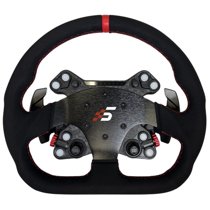 A black and red Simagic Neo X racing wheel hub with a leather grip and carbon fiber looking center with a red 'S5' logo.