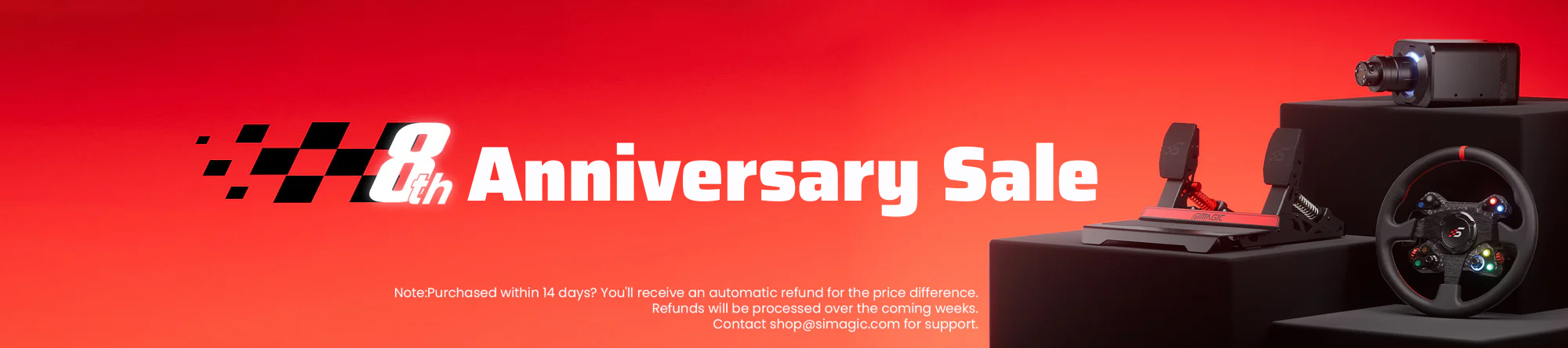 Simagic 8th Anniversary Sale banner promoting sim racing hardware discounts
