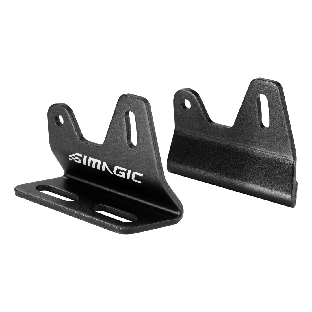Two black Simagic Alpha Evo side mounts for sim racing setups.