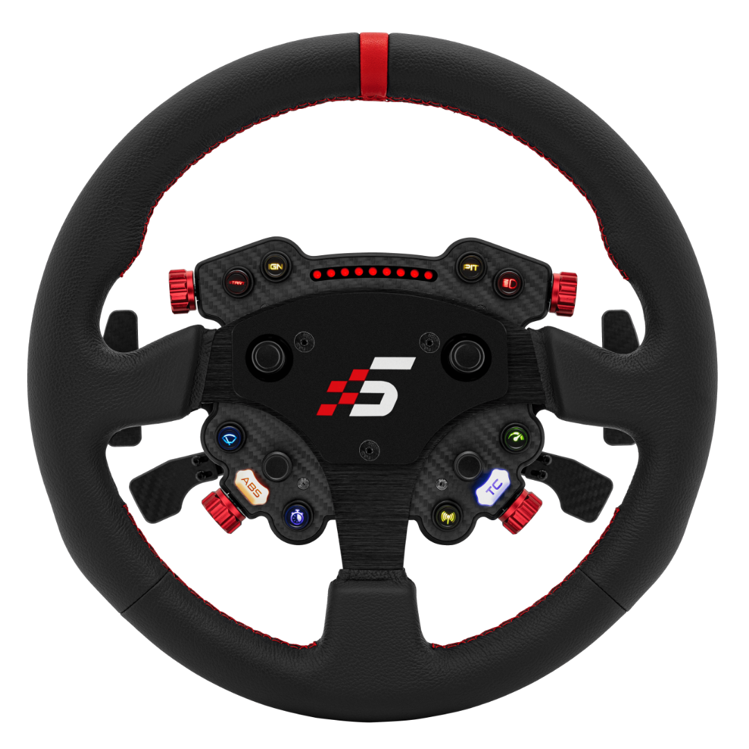 A black and red Simagic GT Pro Hub with leather-wrapped steering wheel and multiple control buttons and joysticks.