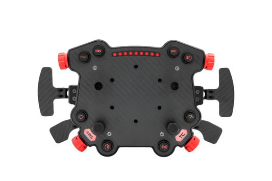 A black Simagic GT Pro Hub with multiple red buttons and connectors on it, designed for wireless connectivity with Simagic wheel bases.