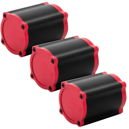 A Simagic Haptic Pedal Reactor with a cylindrical black and red body, accompanied by a power supply and cables.