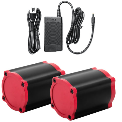 A Simagic Haptic Pedal Reactor with a cylindrical black and red body, accompanied by a power supply and cables.