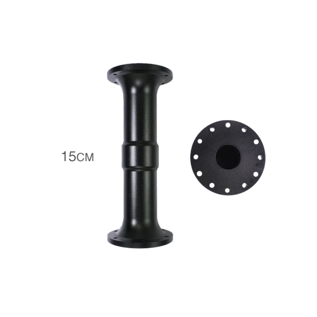 Two black motor shaft extenders, one longer than the other, designed for use with Simagic wheel bases.