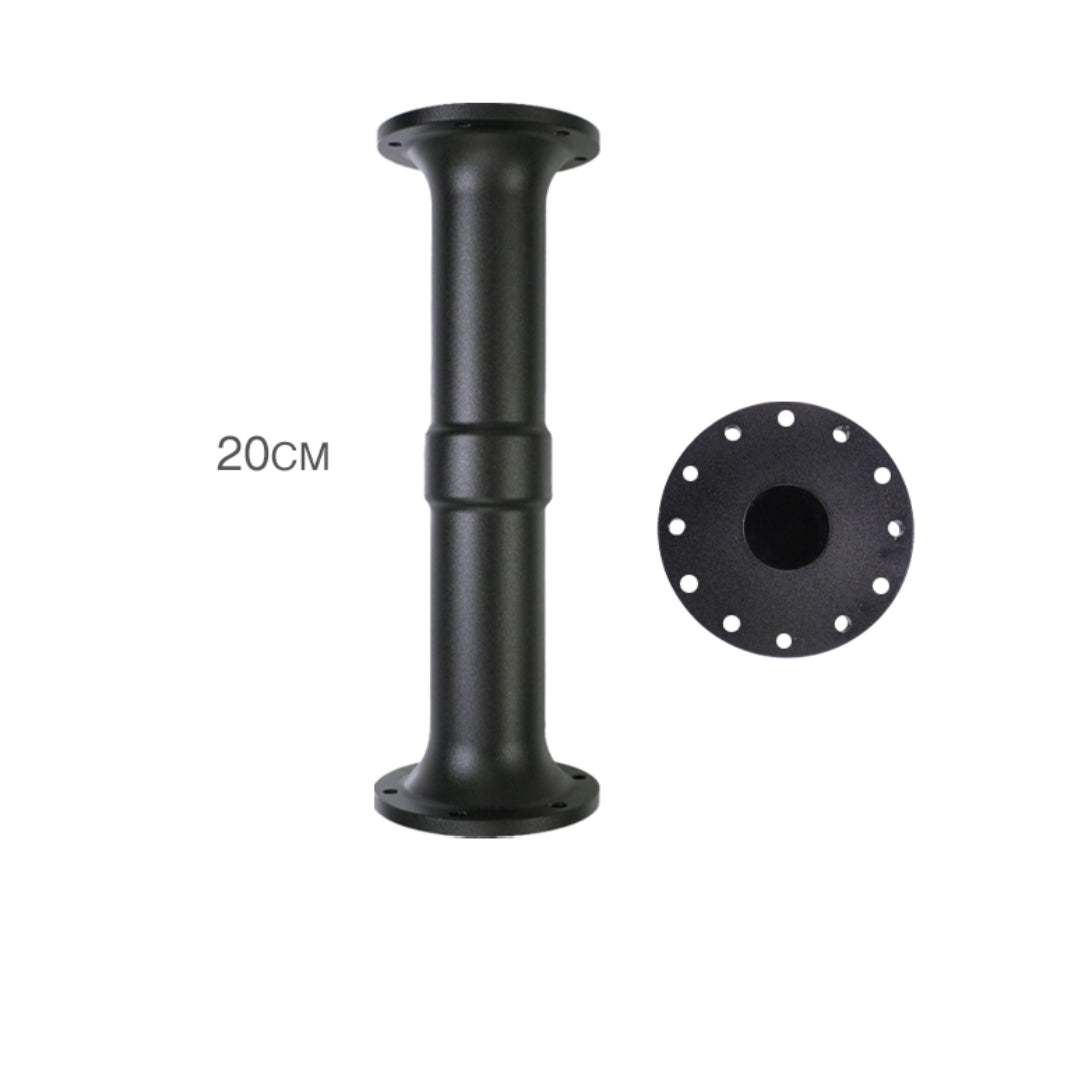 A black Simagic motor shaft extender measuring 20cm in height, designed for mounting a sim racing wheel base away from monitors or other equipment.