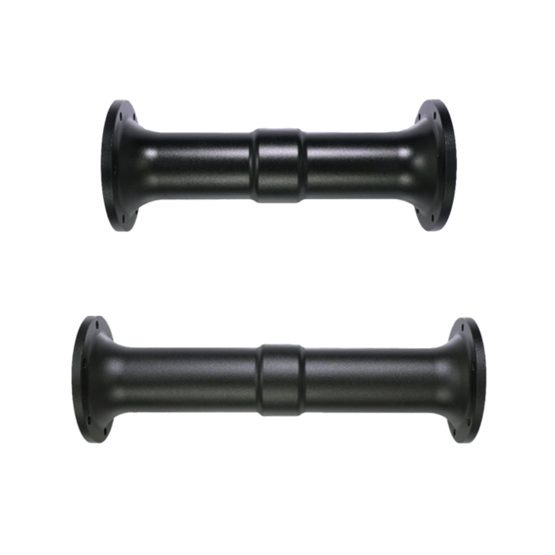 Two black motor shaft extenders, one longer than the other, designed for use with Simagic wheel bases.