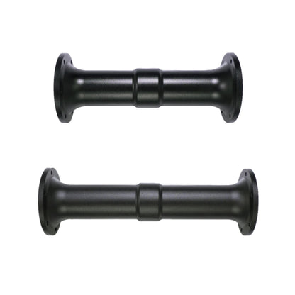Two black motor shaft extenders, one longer than the other, designed for use with Simagic wheel bases.