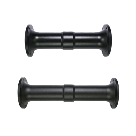 Two black motor shaft extenders, one longer than the other, designed for use with Simagic wheel bases.