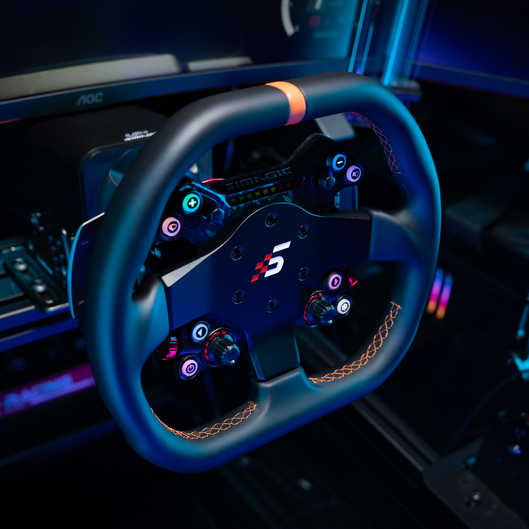 Steering wheel with illuminated buttons and a logo in a car interior