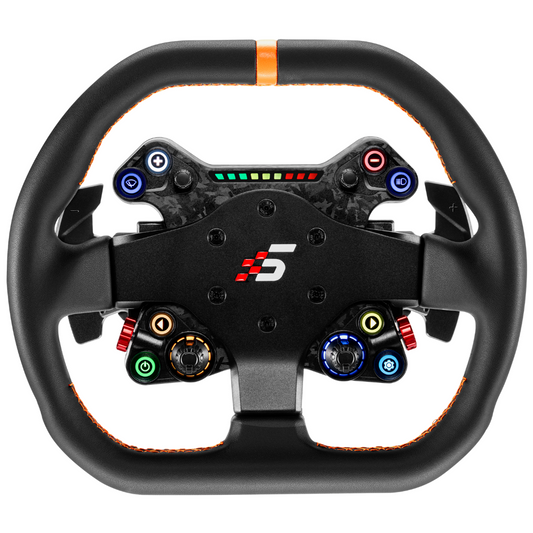 Black racing steering wheel with brand logo on a white background