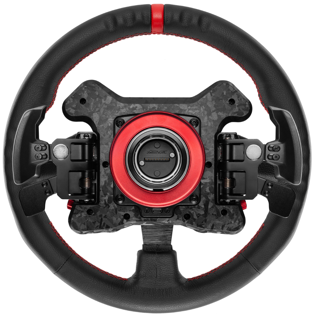 Black and red steering wheel on a white background