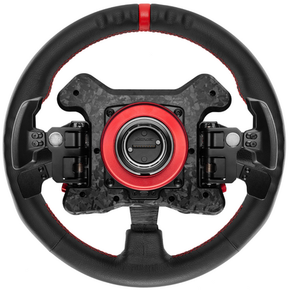 Black and red steering wheel on a white background