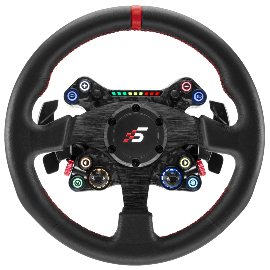Black steering wheel with red accents and a central logo on a white background
