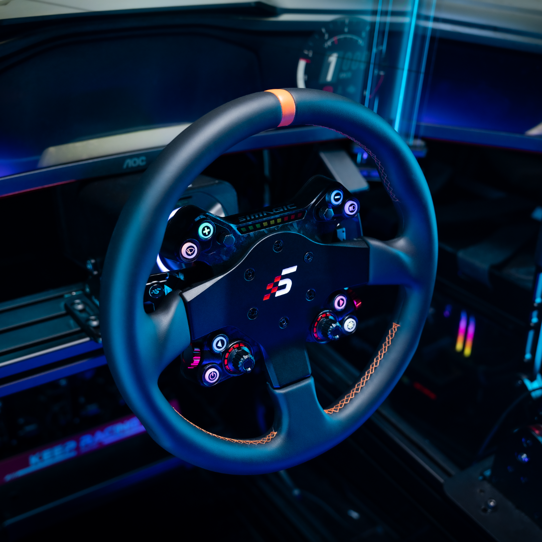 Steering wheel with illuminated buttons and logo in a car interior
