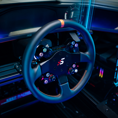 Steering wheel with illuminated buttons and logo in a car interior
