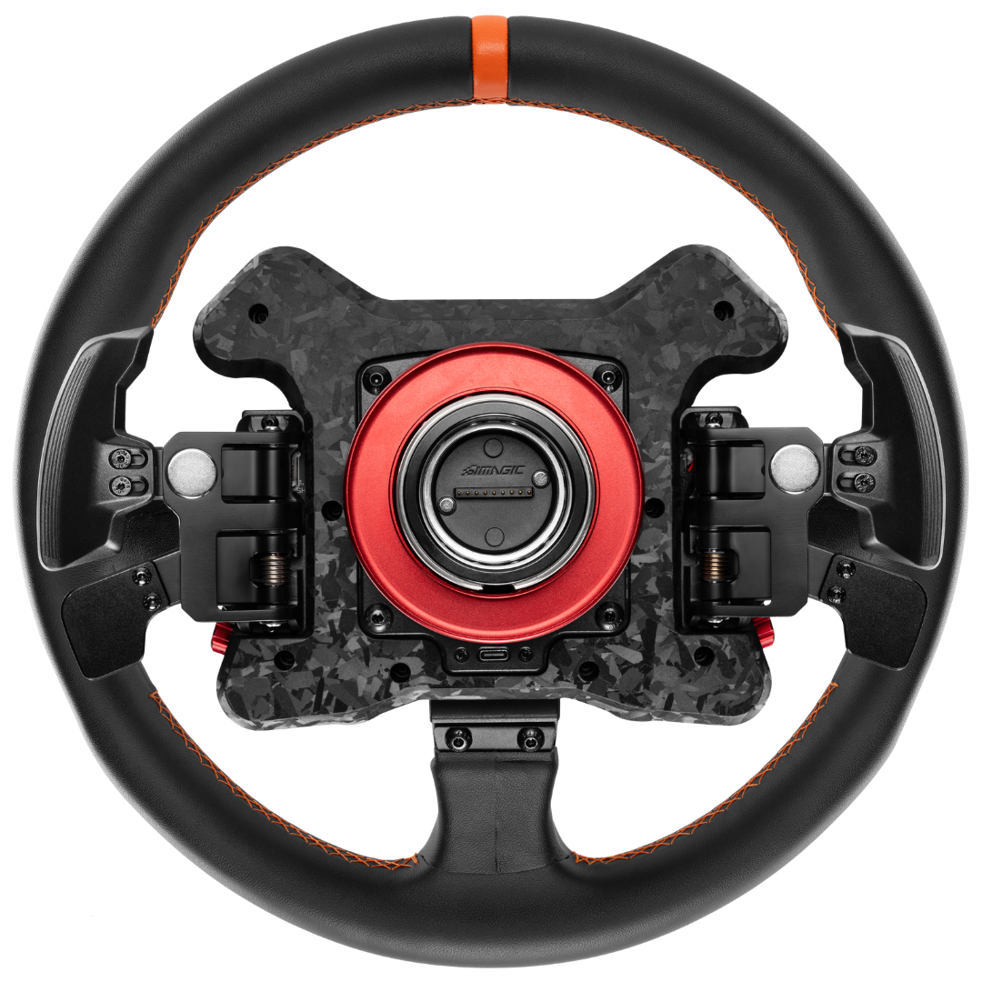 Black and red steering wheel with detailed design on a white background