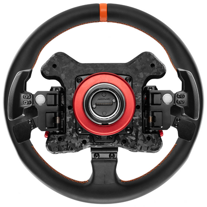 Black and red steering wheel with detailed design on a white background