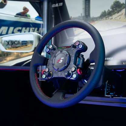 Steering wheel with racing simulator setup inside a vehicle