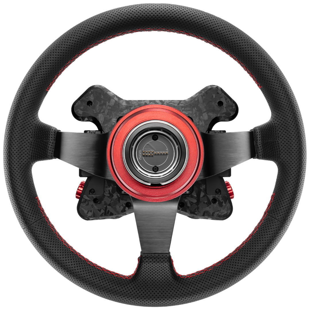 Black steering wheel with red center on a white background