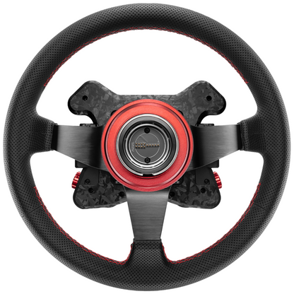 Black steering wheel with red center on a white background