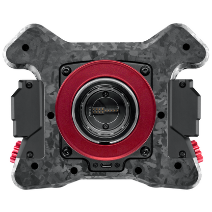 Camera lens mount with red center and gray exterior on a white background