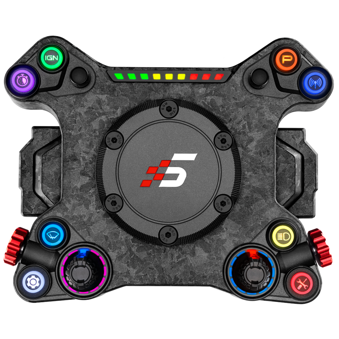 Control panel with colorful buttons and a brand logo on a white background