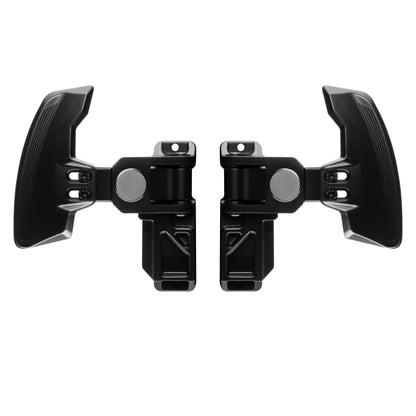 Two black paddle shifter modules with a carbon fiber-like texture, designed for use with a bicycle hub.