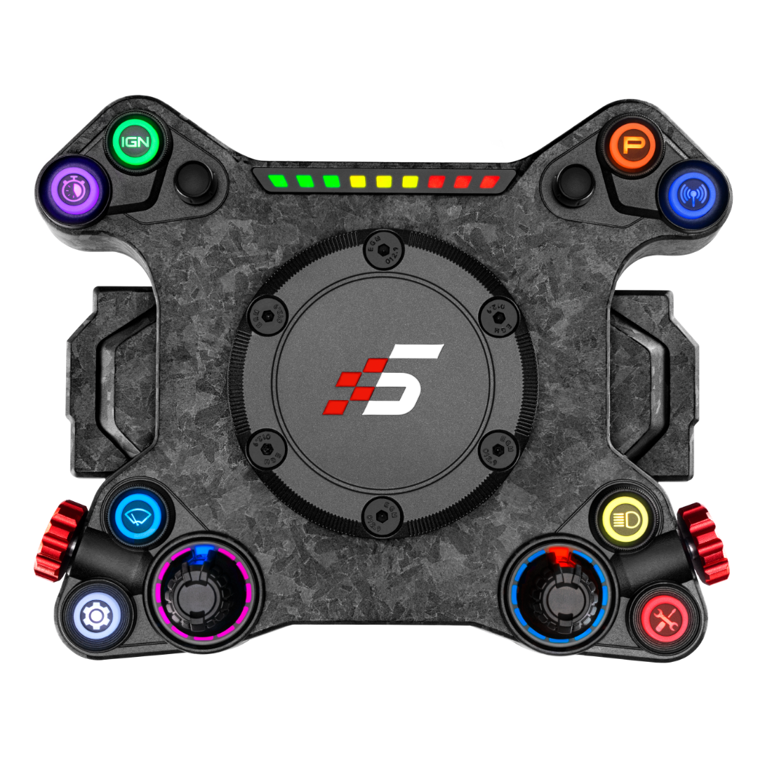 A black and red Simagic Neo X racing wheel hub with a leather grip and carbon fiber looking center with a red 'S5' logo.