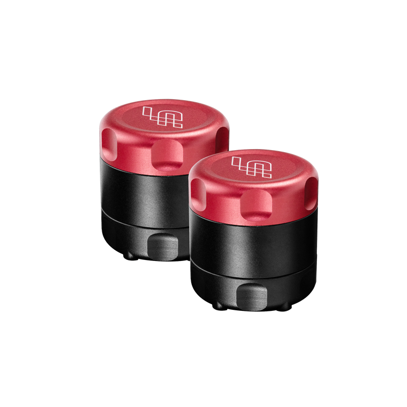 Two red and black containers with a logo on a white background