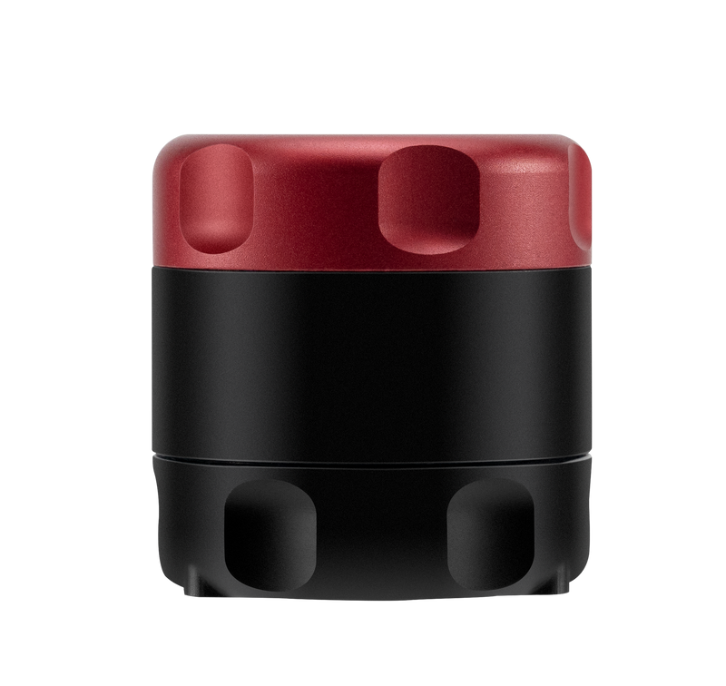 Black and red cylindrical container on a white background