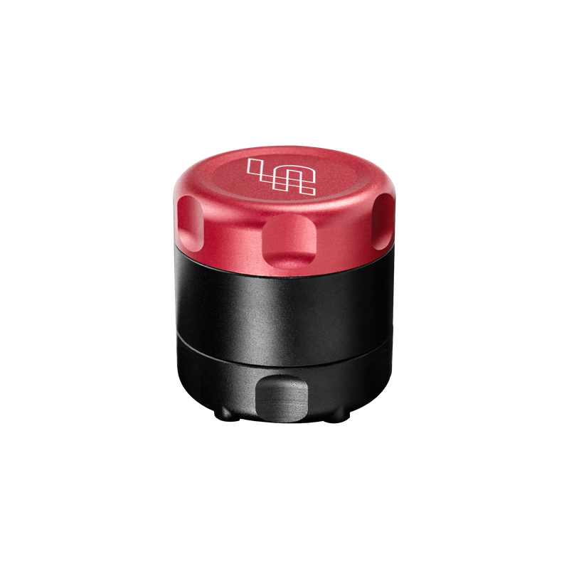 Black and red cylindrical object with a logo on a white background