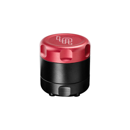 Black and red cylindrical object with a logo on a white background